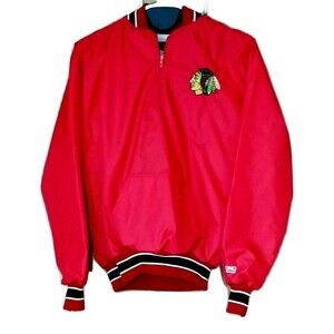 VTG Chicago Blackhawks Jacket NHL Men's Size L Red Nylon Lined 1/4 Zip DeLong